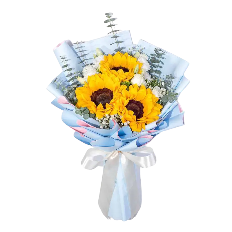 Bloom in Blue, Buket bunga untuk ulang tahun istri yang terdiri dari bunga matahari, eustoma, baby breath dan eucalyptus.