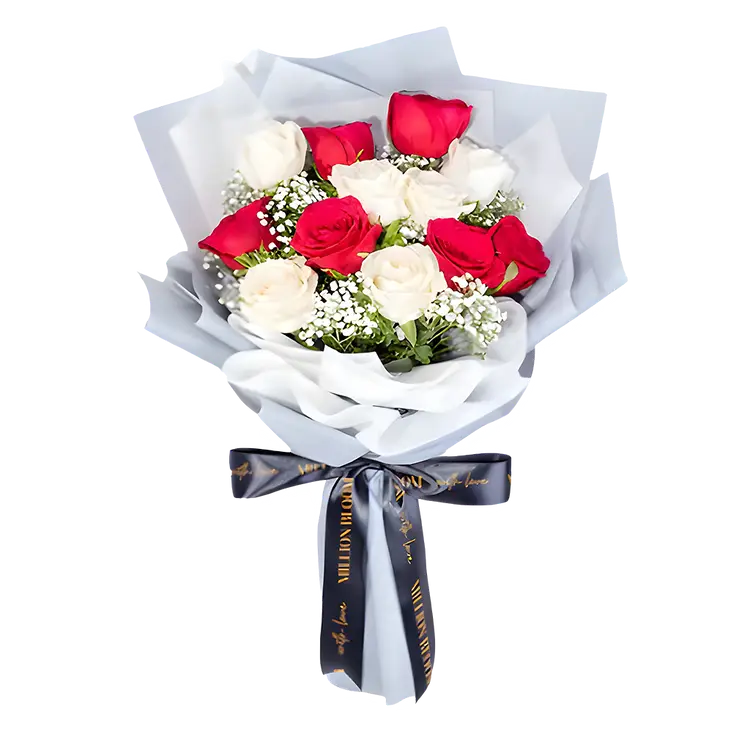 Classic Romance, Buket bunga untuk ulang tahun istri dengan kombinasi bunga White & Red Rose serta Baby Breath.
