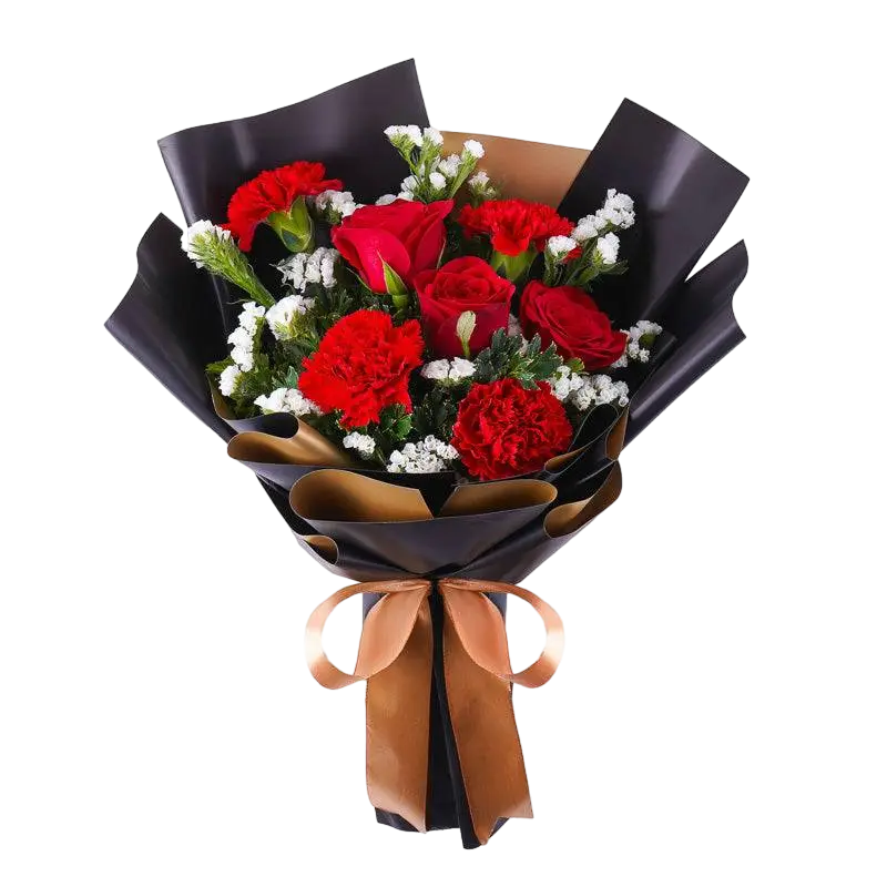 Buket bunga Mirabella yang terdiri dari bunga mawar merah, karnasi, dan dihiasi dengan statice putih