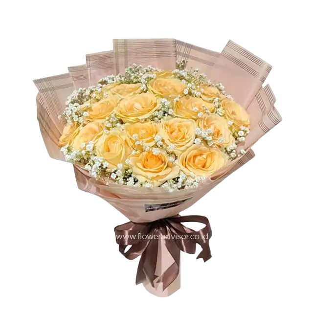 Buket bunga yang terdiri dari perpaduan 20 mawar berwarna peach dan baby's breath