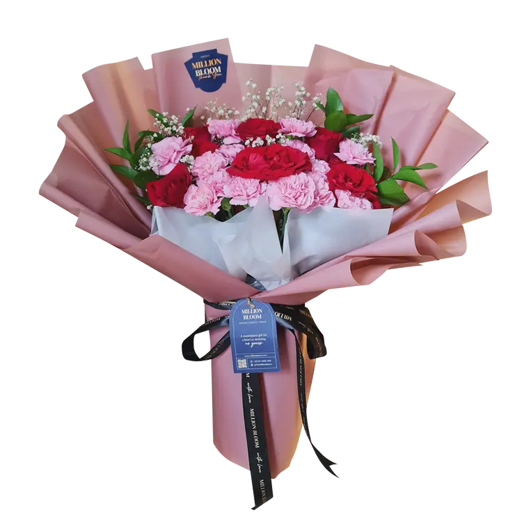 Rosy Radiance, Buket bunga untuk ulang tahun istri dengan kombinasi Red Rose, Pink Carnation, dan Baby's Breath.