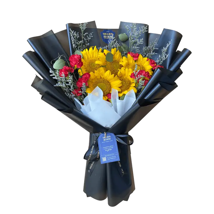 Sunny Smiles, Buket bunga untuk ulang tahun istri dengan kombinasi warna cerah namun menenangkan dari bunga Matahari, Anyelir, dan Caspia.