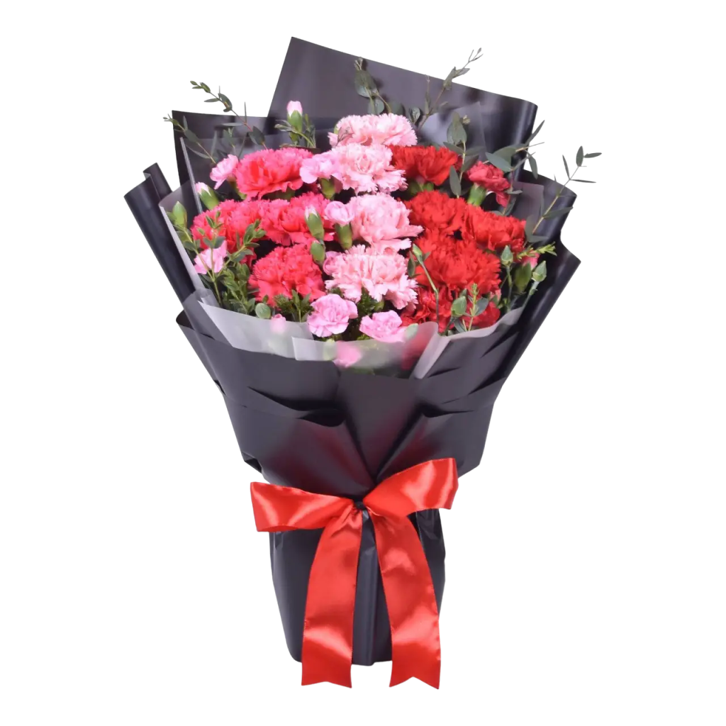 Tender Warmth, Buket bunga untuk ulang tahun istri dengan rangkaian bunga anyelir berbagai warna.