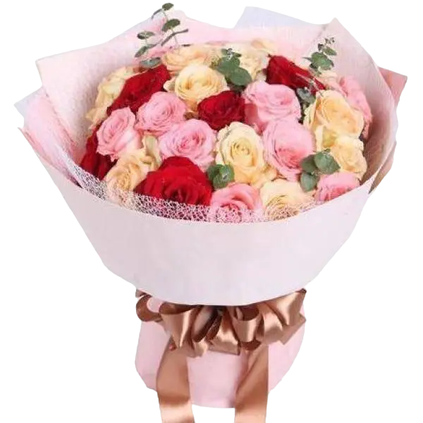 Yasmin, Buket bunga untuk ulang tahun istri yang terdiri dari mawar berwarna cerah dengan kemasan elegan.